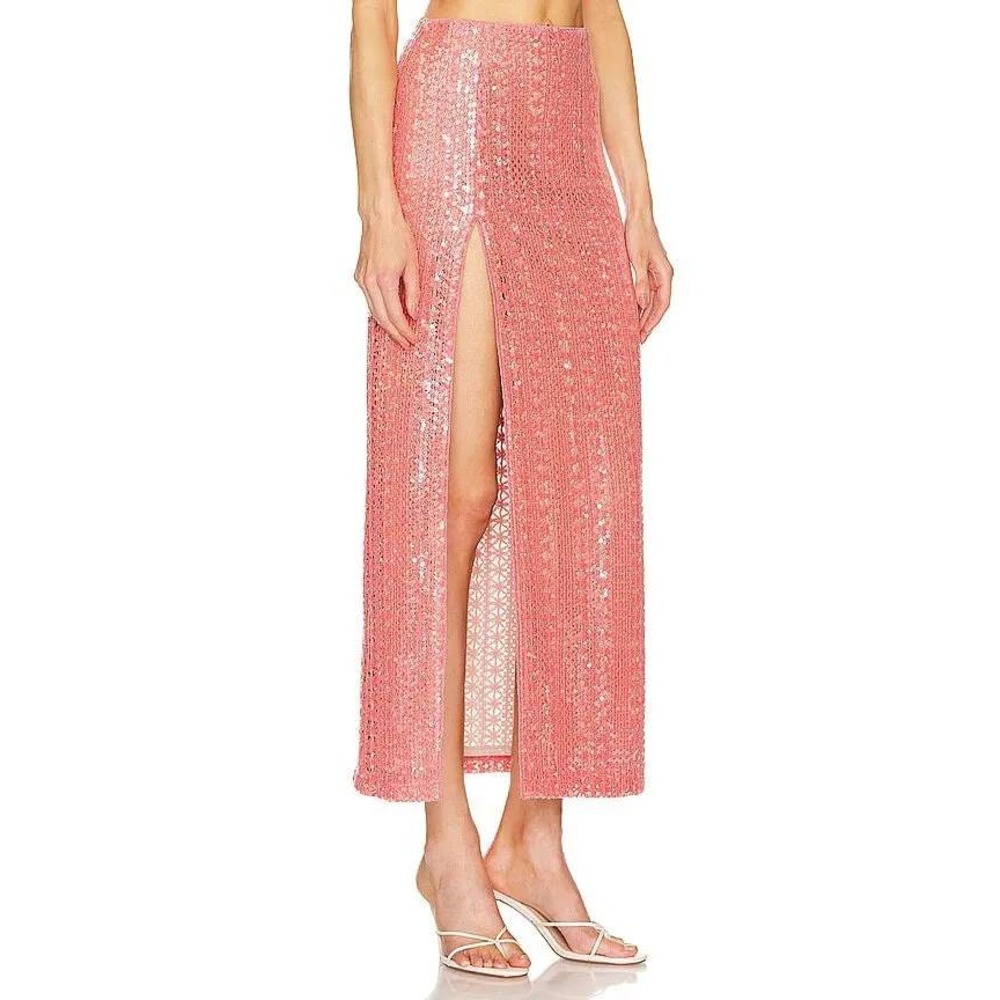 Michael Costello x REVOLVE Catiana Sequin Maxi Skirt Coral Pink High Slit XS New